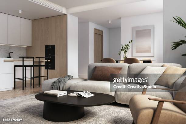modern living room interior - 3d render - grey sofa stock pictures, royalty-free photos & images