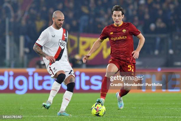 Italain Roma player Edoardo Bove and italian Genoa player Stefano Sturaro during the match Roma v Genoa at the Stadio Olimpico. Rome , January 12th,...