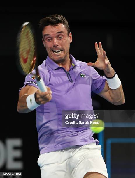 Roberto Bautista Agut of Spain competes against Thanasi Kokkinakis of Australia during day five of the 2023 Adelaide International at Memorial Drive...