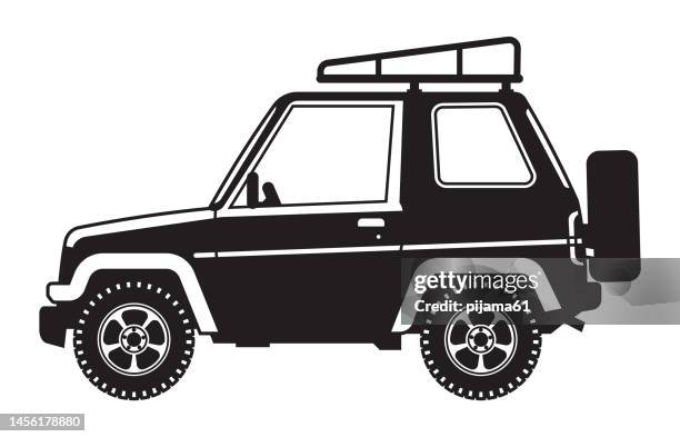 black and white expedition off-road suv. a car for travel and extreme sports. - desert safari stock illustrations