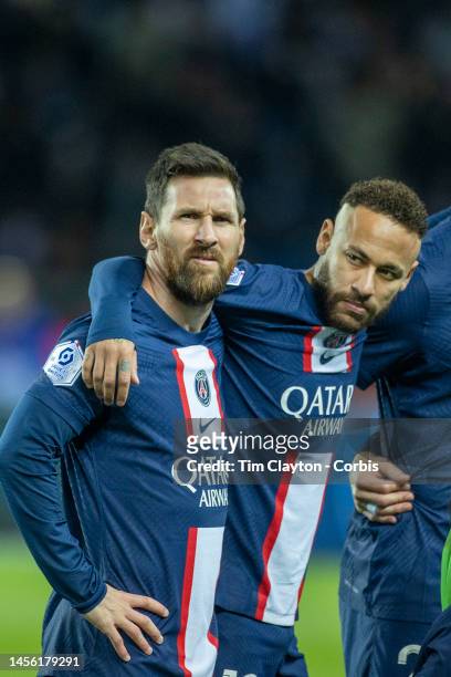 January 11: Lionel Messi of Paris Saint-Germain and Neymar of Paris Saint-Germain during team presentations before kick-off during the Paris...