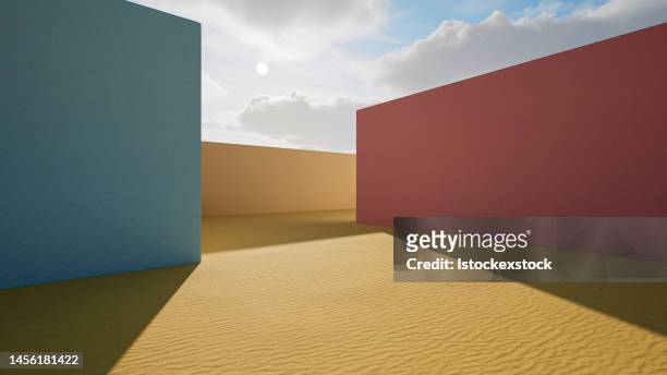 vitrina geométrica 3d con hermoso fondo de cielo azul - dunes arena fotografías e imágenes de stock