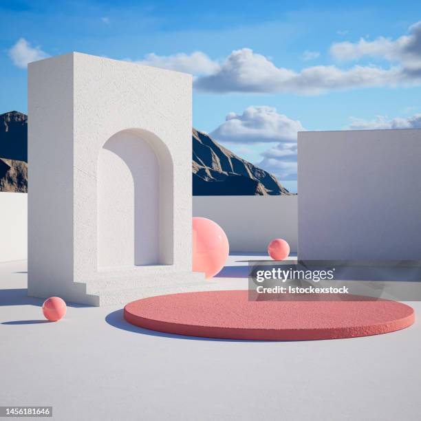 3d geometric showcase with beautiful blue sky background - bouwplatform stockfoto's en -beelden