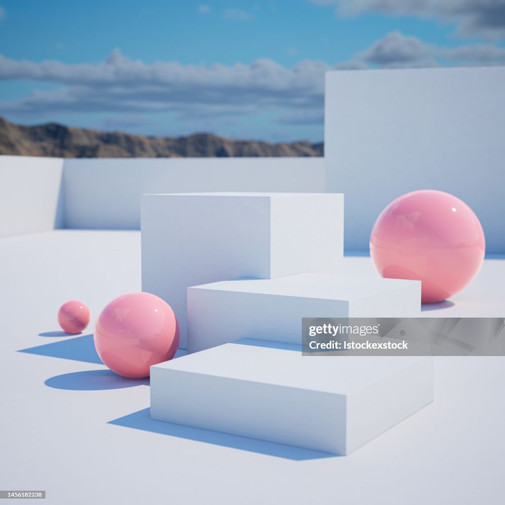 3d geometric showcase with beautiful blue sky background