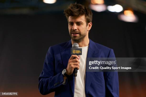 Gerard Pique, President of Kings League attends the media during round one of the Kings League Infojobs at Cupra Arena on January 01, 2023 in...