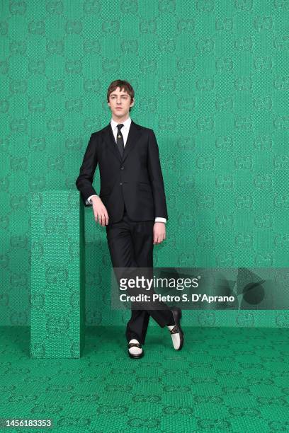 Harrison Patrick Smith arrives at the Gucci show during Milan Fashion Week Fall/Winter 2023/24 on January 13, 2023 in Milan, Italy.