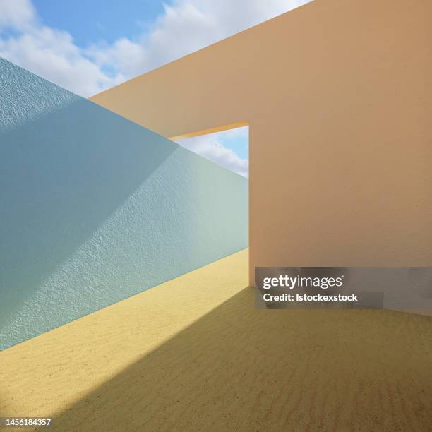 geometrische 3d-vitrine mit wunderschönem blauen himmelshintergrund - quadratisch-komposition stock-fotos und bilder