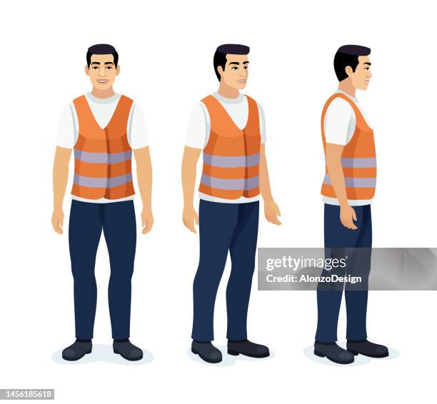 stockillustraties, clipart, cartoons en iconen met young man in a safety vest. worker in a reflective vest. - studio shot