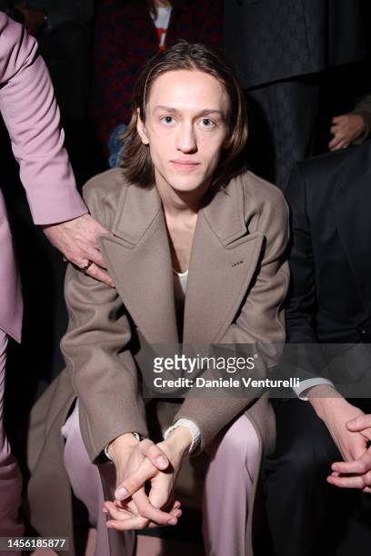 Percy Hynes White is seen at the Gucci show during Milan Fashion Week Fall/Winter 2023/24 on January 13, 2023 in Milan, Italy.