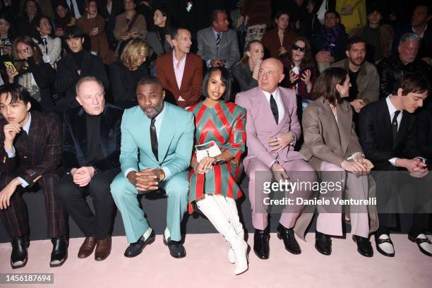 Kai, Francois-Henri Pinault, Idris Elba, Sabrina Dhowre, Marco Bizzarri, Percy Hynes White and Harrison Patrick Smith are seen at the Gucci show...
