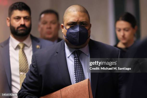 Manhattan District Attorney Alvin Bragg arrives at the New York Supreme Court for the sentencing hearing of the Trump Organization on January 13,...