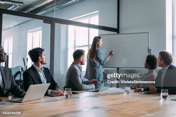 businesswoman giving presentation with colleagues. - whiteboard visual aid stockfoto's en -beelden