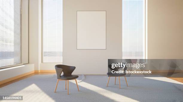 interior mockup illustration with decor, 3d render, white wall with blank board - fake advertisement stock pictures, royalty-free photos & images