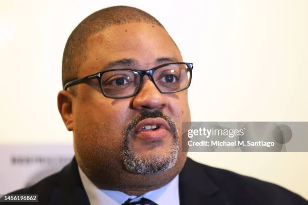Manhattan District Attorney Alvin Bragg speaks at a press conference after the sentencing hearing of the Trump Organization at the New York Supreme...