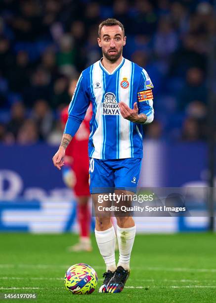 Sergi Darder of RCD Espanyol with the ball during LaLiga match between Espanyol and Girona at RCDE Stadium on January 07, 2023 in Barcelona, Spain.