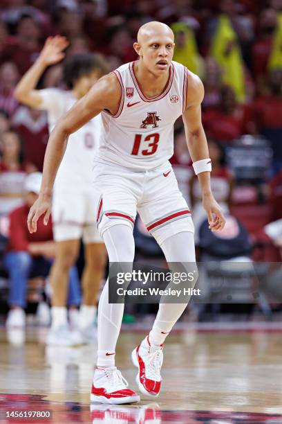 Jordan Walsh of the Arkansas Razorback plays defense during a game against the Alabama Crimson Tide at Bud Walton Arena on January 11, 2023 in...