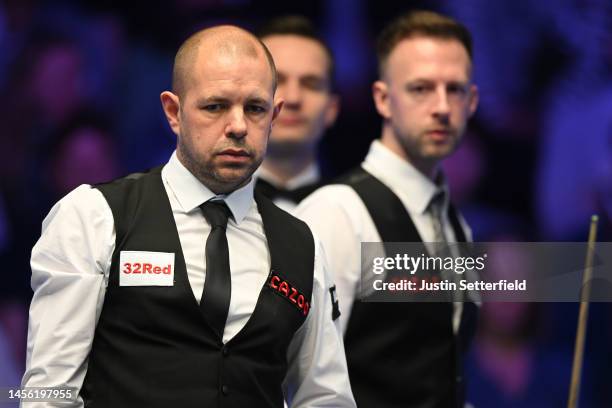 Barry Hawkins of England reacts during their Qaurter Final match against Judd Trump of England during Day Six of the Cazoo Masters at Alexandra...