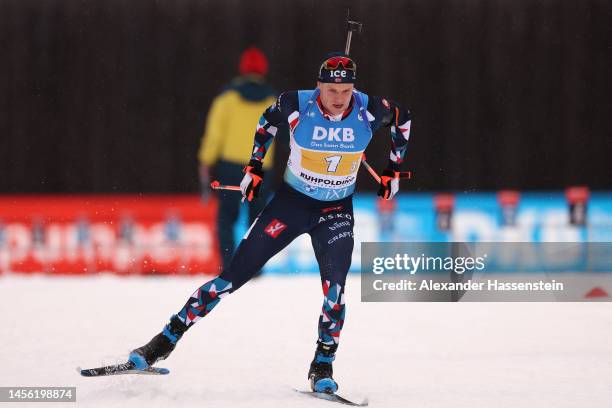 Vetle Sjaastad Christiansen of Norway competes during the Men 4x7.5 km Relay at the BMW IBU World Cup Biathlon Ruhpolding on January 13, 2023 in...