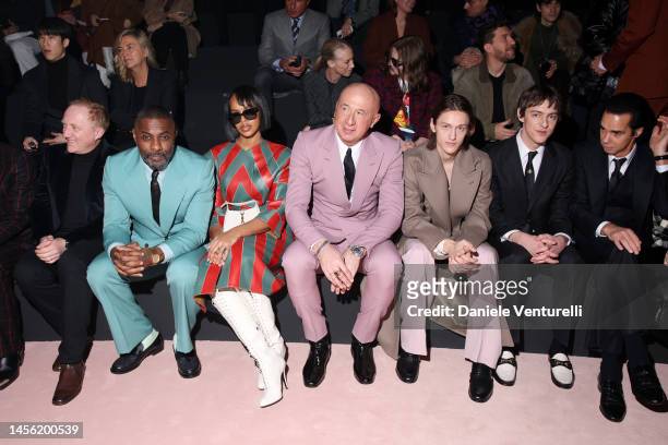 Francois-Henri Pinault, Idris Elba, Sabrina Dhowre, Marco Bizzarri, Percy Hynes White, Harrison Patrick Smith and Nick Cave are seen at the Gucci...