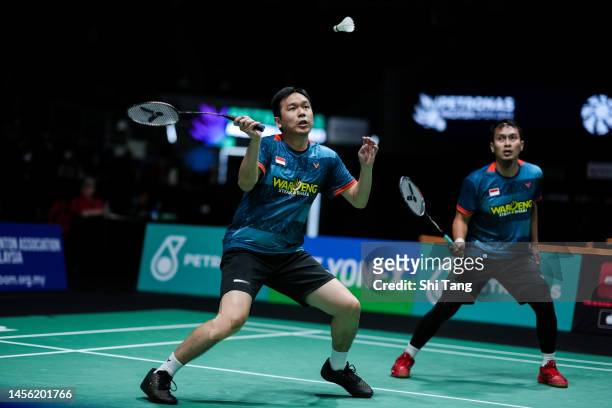 Mohammad Ahsan and Hendra Setiawan of Indonesia compete in the Men's Doubles Quarter Finals match against Kang Min Hyuk and Seo Seung Jae of Korea on...
