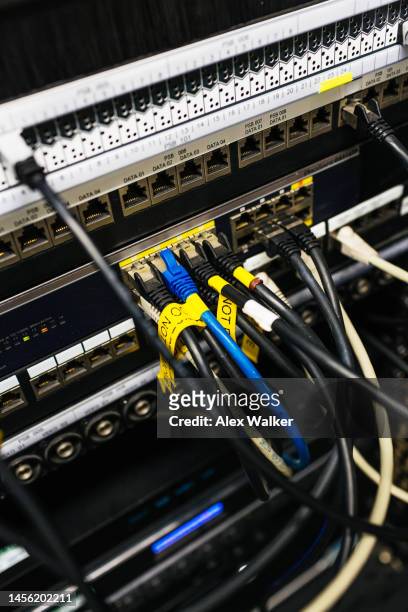 network cables plugged into server network panel - mainframe computer system stock pictures, royalty-free photos & images