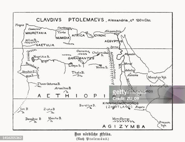 nordafrikakarte von claudius ptolemäus (ca.130 n. chr.), holzschnitt, 1899 - ancient alexandria stock-grafiken, -clipart, -cartoons und -symbole