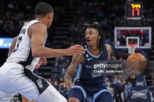 Ja Morant of the Memphis Grizzlies handles the ball during the game against the San Antonio Spurs at FedExForum on January 11, 2023 in Memphis,...