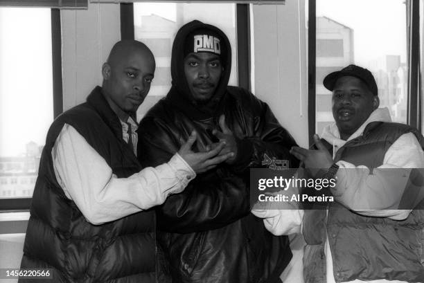 Parrish Smith of EPMD appears in a photo taken with Sadat X and Grand Puba of Brand Nubian taken on March 10, 1994 in New York City.