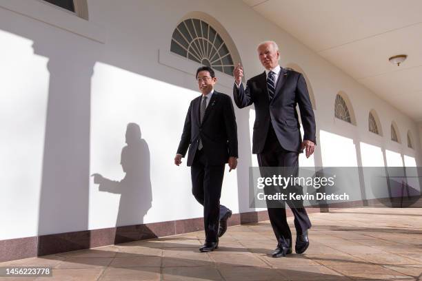 President Joe Biden and Japanese Prime Minister Kishida Fumio walk to the Oval Office for a meeting at the White House on January 13, 2023 in...