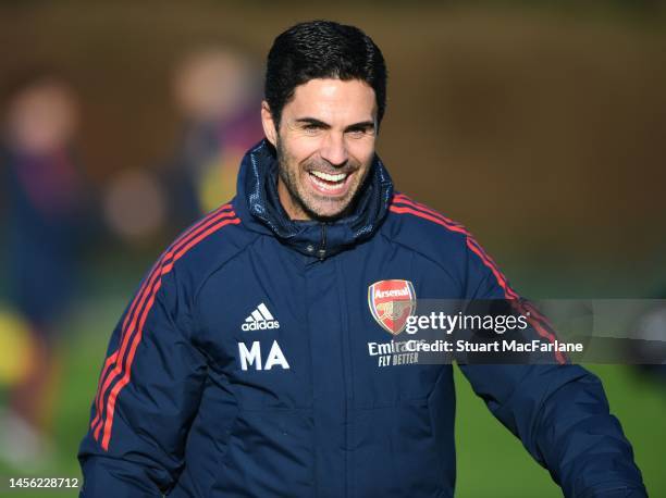 Arsenal manager Mikel Arteta during a training session at London Colney on January 13, 2023 in St Albans, England.