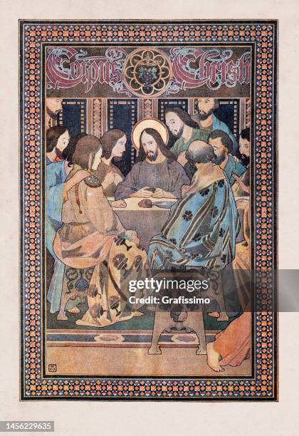 religious painting jesus at last supper with disciples art nouveau illustration - religious icon stock illustrations