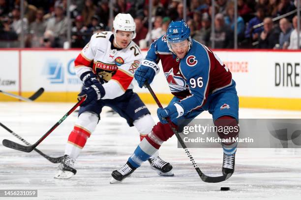 Mikko Rantanen of the Colorado Avalanche skates against Nick Cousins of the Florida Panthers at Ball Arena on January 10, 2023 in Denver, Colorado.