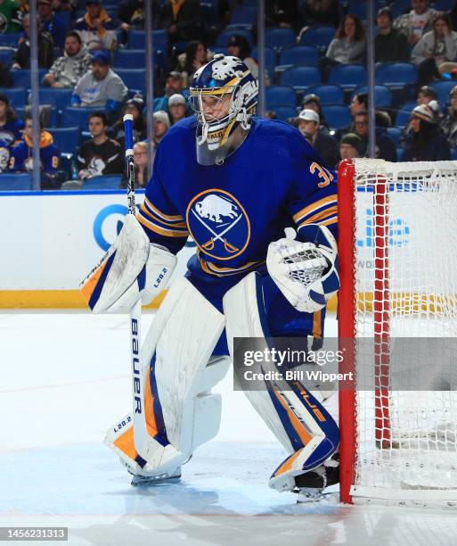 Eric Comrie of the Buffalo Sabres skates during an NHL game against the Seattle Kraken on January 10, 2023 at KeyBank Center in Buffalo, New York.