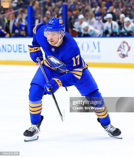 Tyson Jost of the Buffalo Sabres skates during an NHL game against the Seattle Kraken on January 10, 2023 at KeyBank Center in Buffalo, New York.