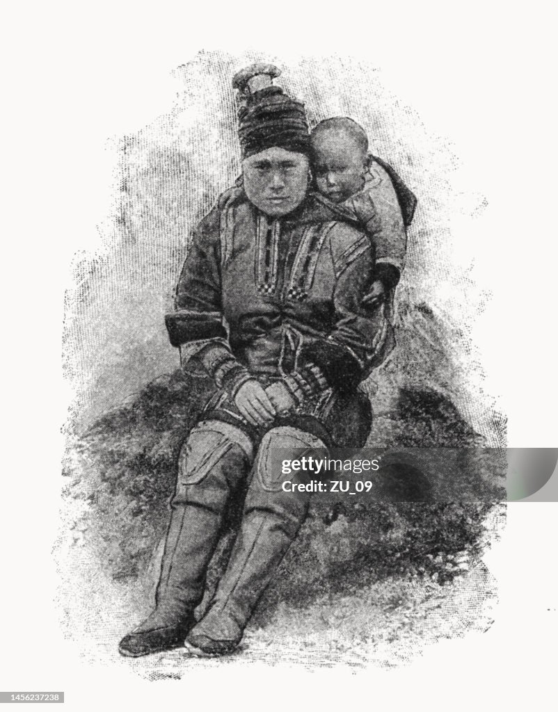 Eskimo woman with child, halftone print, published in 1899