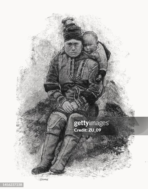 eskimo woman with child, halftone print, published in 1899 - siberia stock illustrations