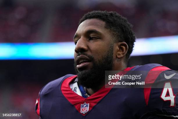 Jalen Reeves-Maybin of the Houston Texans walks off of the field against the Washington Commanders at NRG Stadium on November 20, 2022 in Houston,...