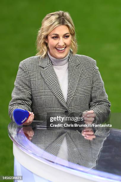 Presenter Kelly Cates looks on ahead of the Premier League match between Aston Villa and Leeds United at Villa Park on January 13, 2023 in...