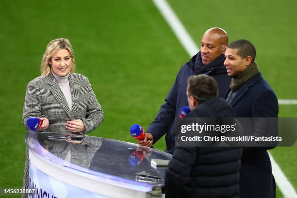 Presenter Kelly Cates looks on ahead of the Premier League match between Aston Villa and Leeds United at Villa Park on January 13, 2023 in...