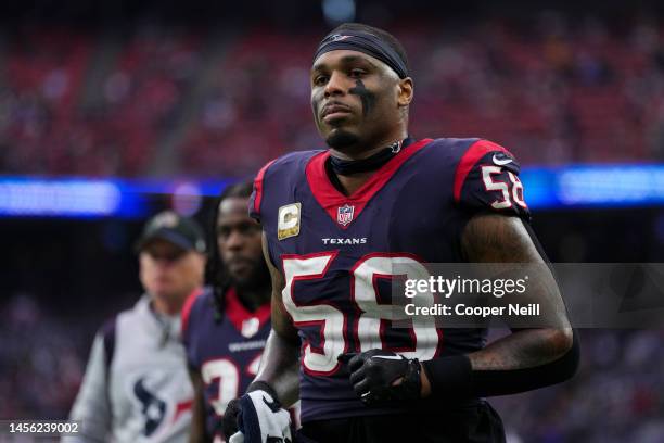 Christian Kirksey of the Houston Texans walks off of the field against the Washington Commanders at NRG Stadium on November 20, 2022 in Houston,...