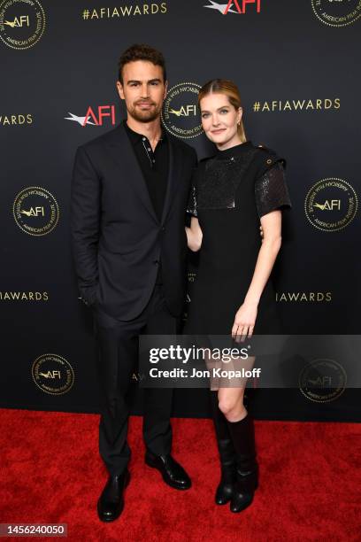 Theo James and Meghann Fahy attend the AFI Awards Luncheon at Four Seasons Hotel Los Angeles at Beverly Hills on January 13, 2023 in Los Angeles,...