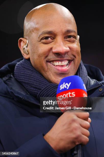 Pundit Dion Dublin reacts prior to the Premier League match between Aston Villa and Leeds United at Villa Park on January 13, 2023 in Birmingham,...