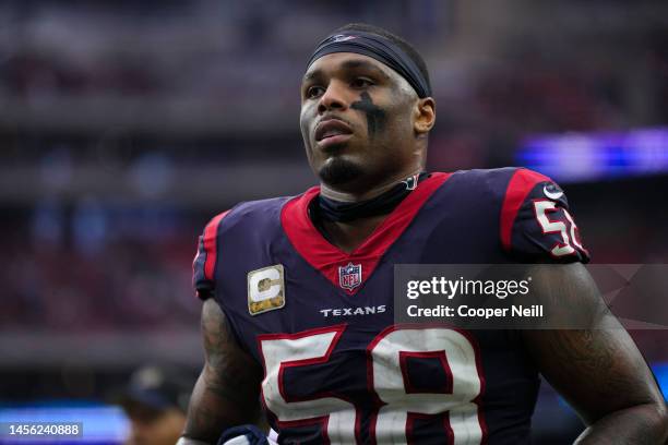 Christian Kirksey of the Houston Texans walks off of the field against the Washington Commanders at NRG Stadium on November 20, 2022 in Houston,...