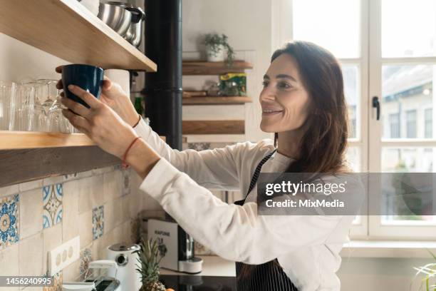 frau, die sich um das geschirr in ihrer küche kümmert - hand washing stock-fotos und bilder