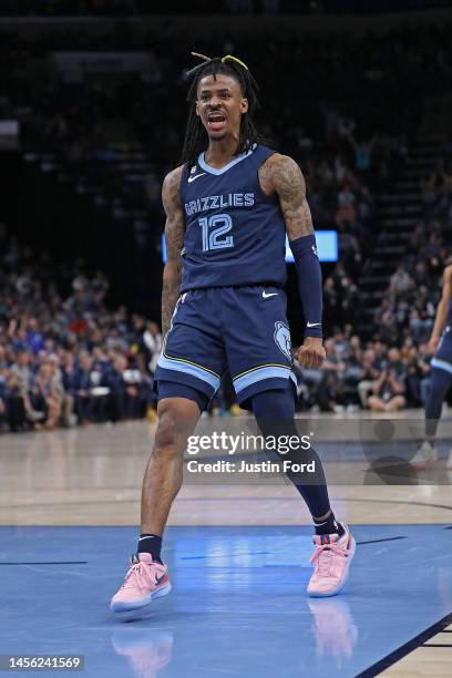 Ja Morant of the Memphis Grizzlies reacts during the game against the San Antonio Spurs at FedExForum on January 11, 2023 in Memphis, Tennessee. NOTE...