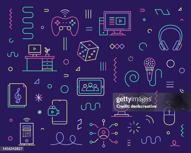line icon set & pattern for entertainment software & technology - virtual tv set stock illustrations