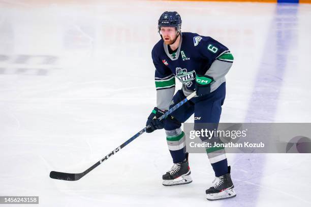 Luke Prokop of the Seattle Thunderbirds skates during second period action against the Winnipeg ICE at Wayne Fleming Arena on January 11, 2023 in...