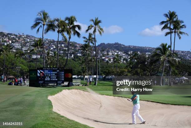 Hideki Matsuyama of Japan plays a shot from a bunker on the 17th hole during the second round of the Sony Open in Hawaii at Waialae Country Club on...