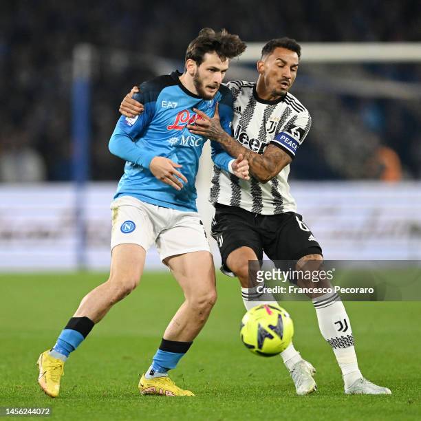 Khvicha Kvaratskhelia of SSC Napoli battles for possession with Danilo of Juventus during the Serie A match between SSC Napoli_Juventus at Stadio...