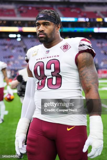 Jonathan Allen of the Washington Commanders leads the pregame huddle against the Houston Texans at NRG Stadium on November 20, 2022 in Houston, Texas.